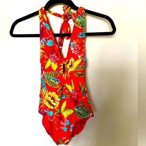 Sunn Lab Swim One Piece Key Hole Hawaiian Print Halter Top Swimsuit Size XS